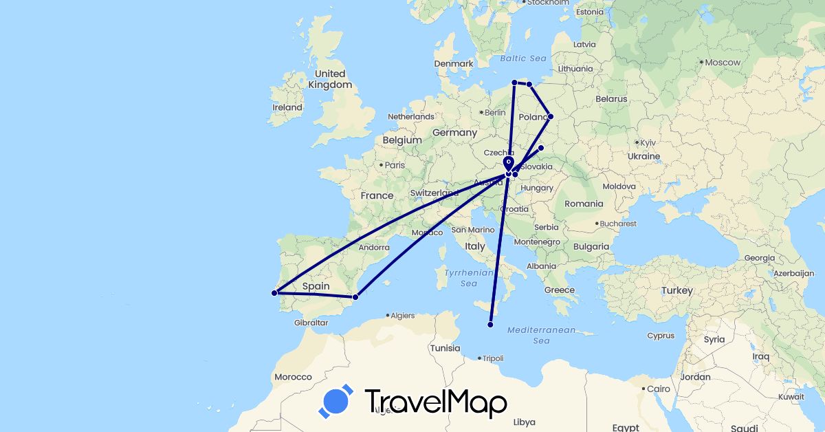 TravelMap itinerary: driving in Austria, Spain, Malta, Poland, Portugal, Slovakia (Europe)